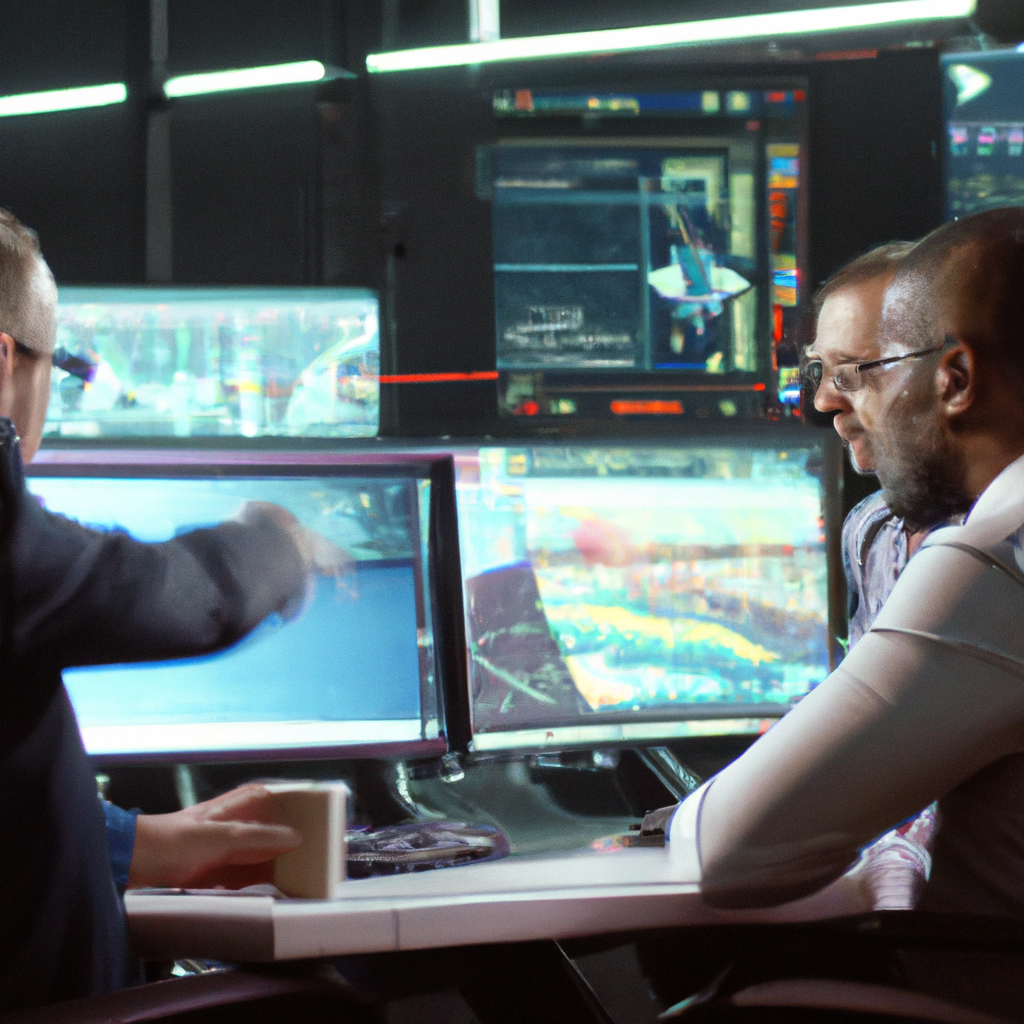 Team of verification instructors analyzing sources and evidence logs in a modern newsroom with dashboards.